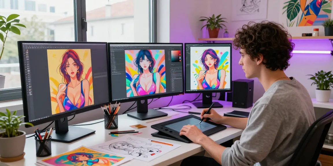 Artist creating AI hentai illustrations in a vibrant digital art studio with colorful sketches and creative tools.