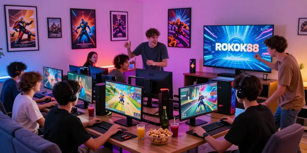 Exciting gaming scene featuring the rokok88 apk with friends engaging in lively discussions and gameplay.