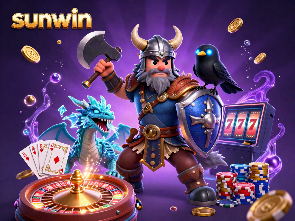 Engage with the thrilling sunwin casino experience as Viking wolf warrior, fierce dragon, and glowing raven captivate amidst gold coins and vibrant game elements.