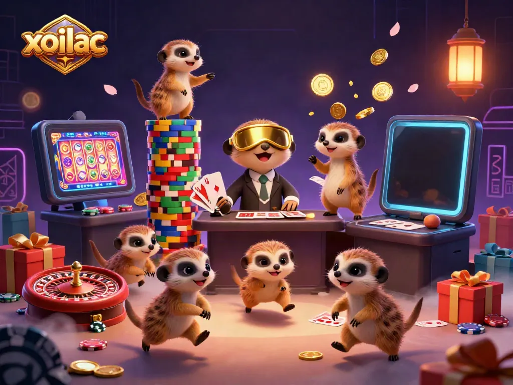 Join the fun at xoilac’s animated casino scene with meerkats managing games, vibrant visuals, and dynamic betting elements.