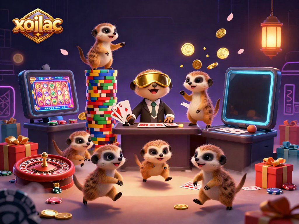 Join the fun at xoilac’s animated casino scene with meerkats managing games, vibrant visuals, and dynamic betting elements.