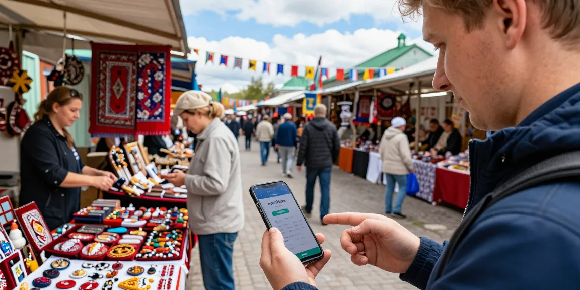 Escena de un turista usando la aplicación https://payinrussia.com/ para pagar en un mercado local, rodeado de artesanías rusas y vendedores amables.