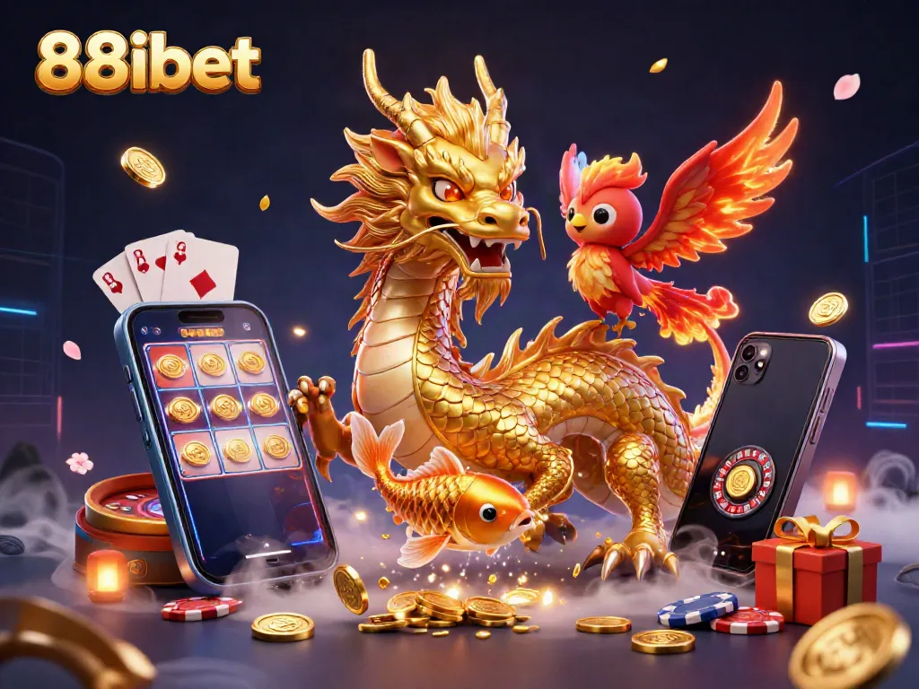 Experience 88ibet’s thrilling gaming world with a dynamic illustration of a fierce dragon, phoenix, and koi fish.