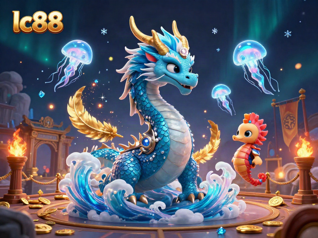 Experience the excitement at lc88 with a vibrant 3D scene featuring a dragon, seahorse knight, and neon jellyfish amid gambling elements.