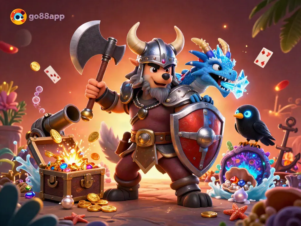 Experience the excitement of go88app with a Viking wolf warrior, dragon, and vibrant casino elements in an engaging fantasy scene.