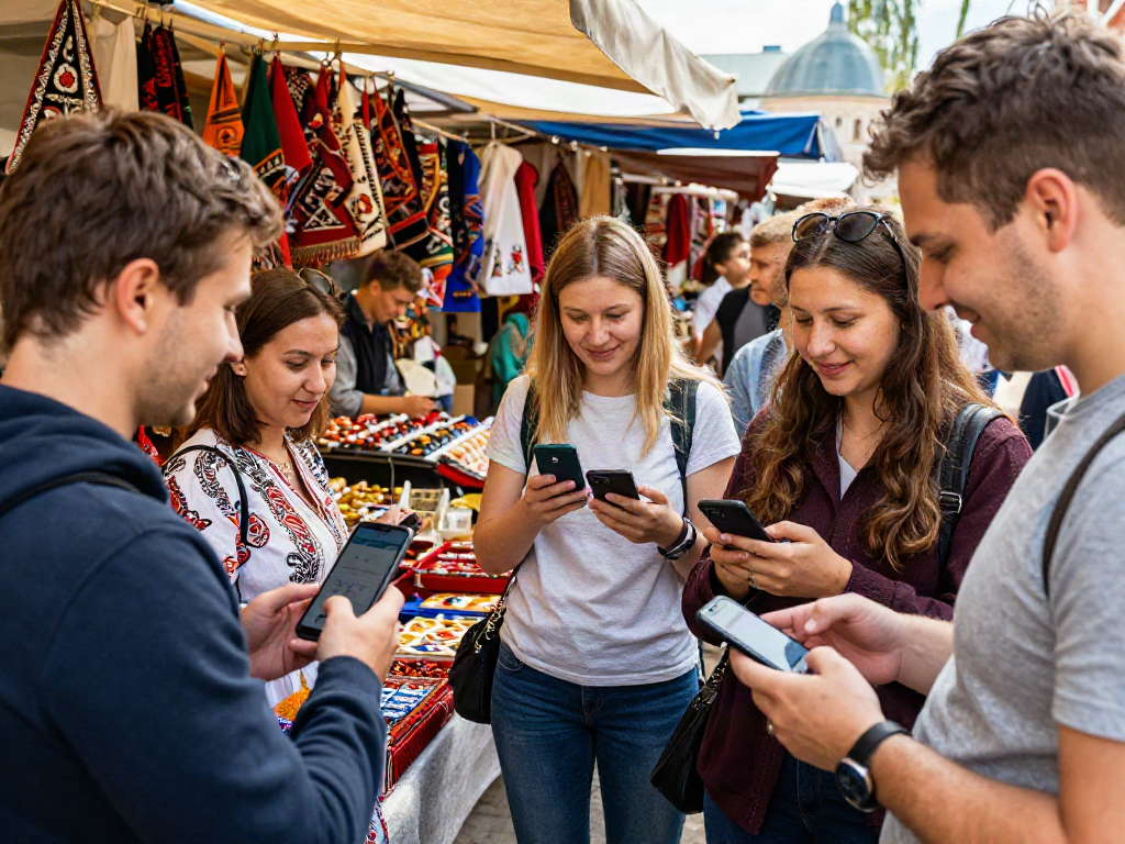 Compradores en un mercado en Rusia usando https://payinrussia.com/ para realizar pagos móviles en un ambiente vibrante y cultural.