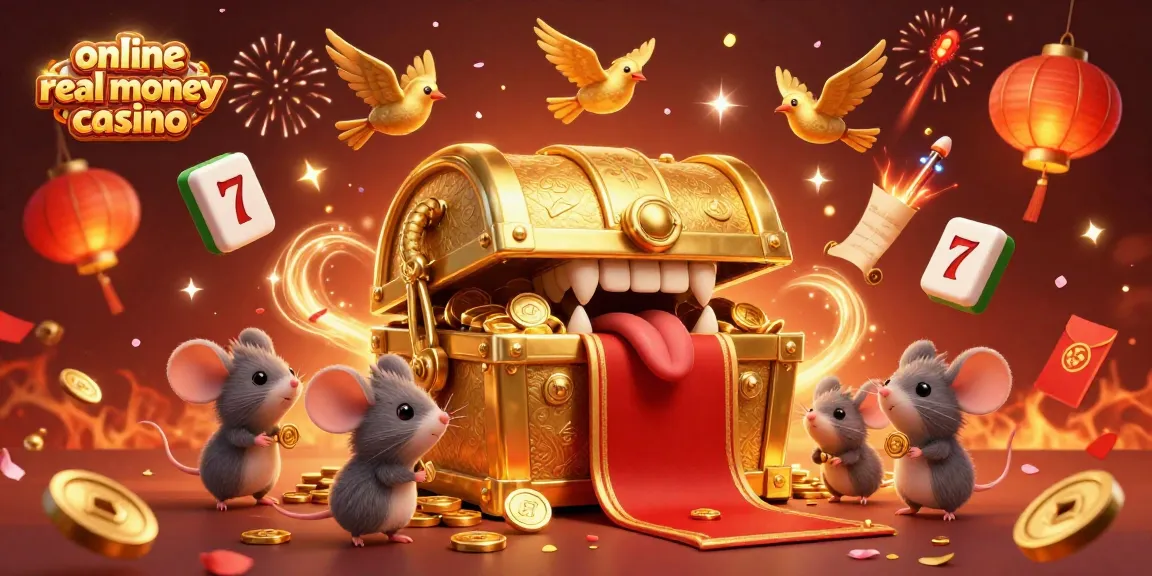 Play at an online real money casino with vibrant 3D casino elements and treasure ambiance.